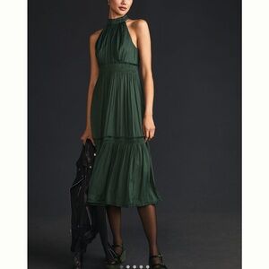 Anthropologie silky tiered Green Halter Dress